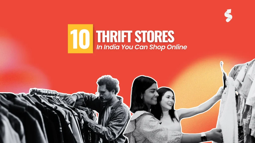 Flat lay of trendy thrifted clothes, accessories, and packaging with a laptop showing an online thrift store — representing sustainable fashion shopping in India.