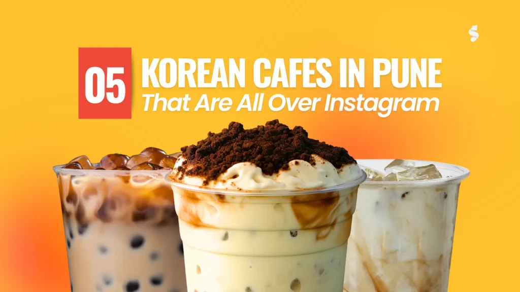 Aesthetic Korean café in Pune with pastel interiors, hanging lights, and traditional Korean dishes like tteokbokki and bingsu on a wooden table.