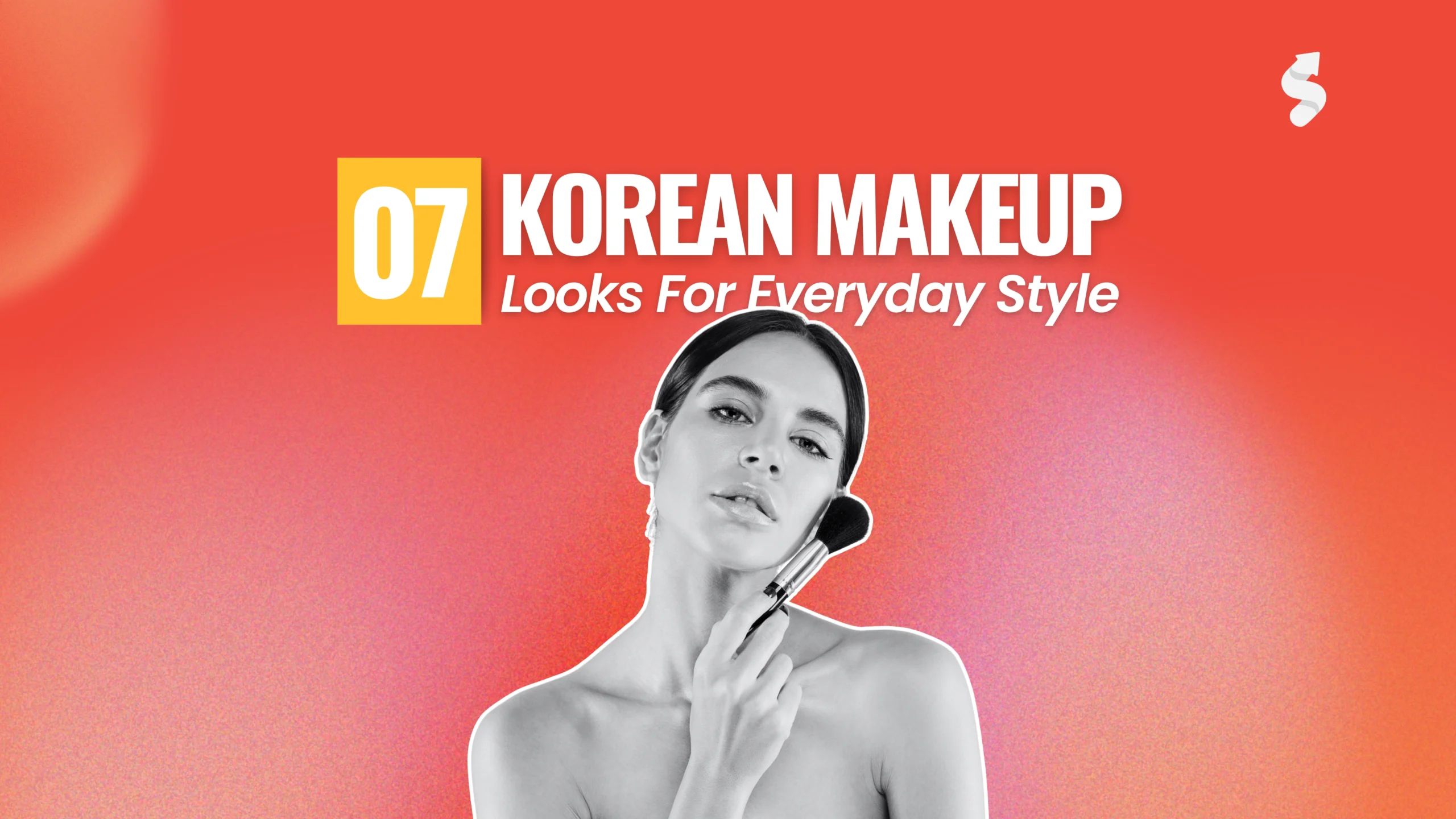 Flat lay of Korean makeup products including cushion foundation, peach blush, lip tints, and highlighter with a model showing 7 must-try Korean makeup looks.