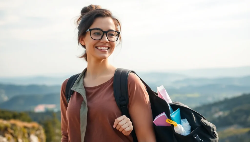 Woman traveling confidently with backpack during her period, symbolizing stress-free and period-positive travel.