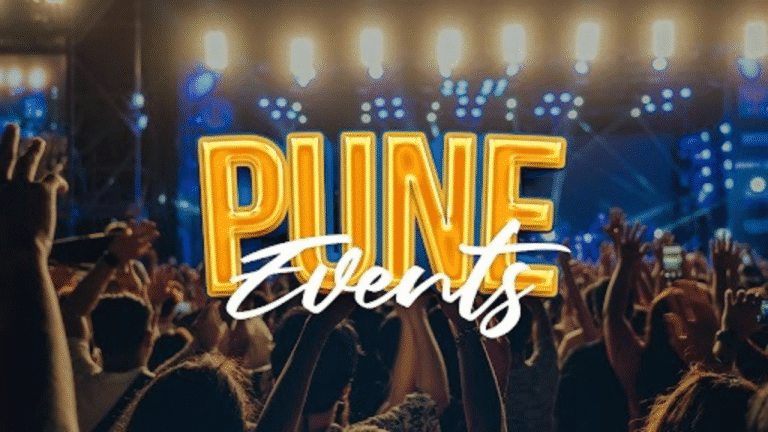 featuring popular Pune events such as music festivals, food fairs, cultural performances, and tech conferences, representing the vibrant event scene in Pune.